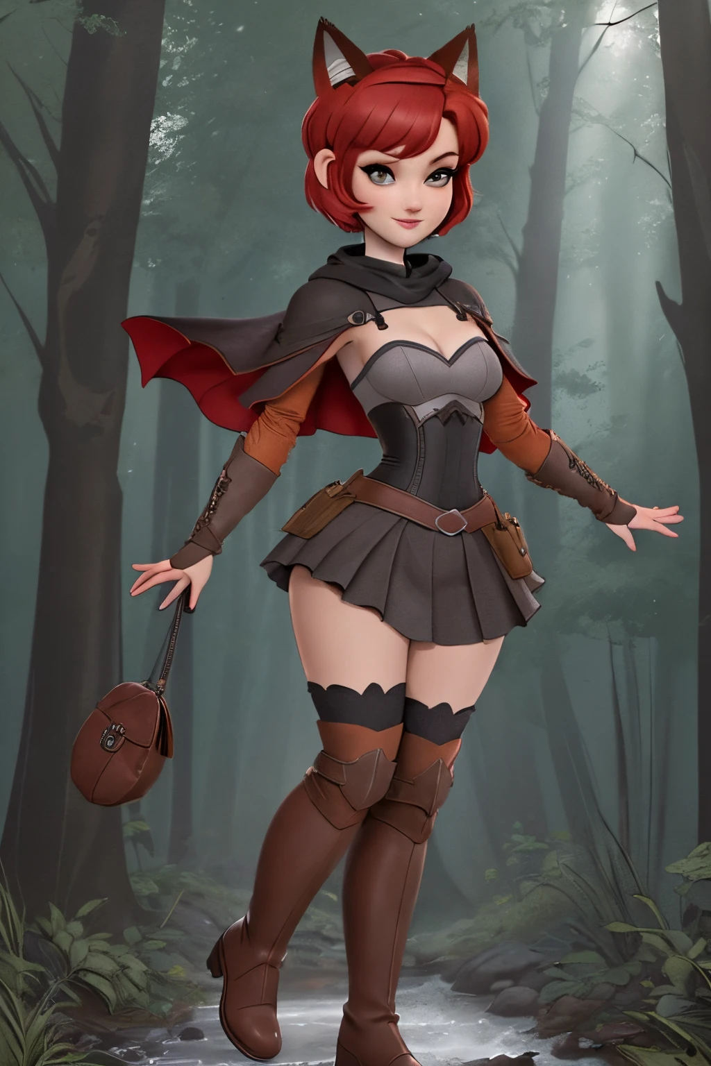 Beautiful 1girl in, full body, ager, Solo, (short pixie cut Hair, undercut red hair: 1.28), ((light gray eyes)), some small freckles, (dark fox ears: 1.35), pale skin, medium breasts, cleavage, (thin hips, thin waist: 1.25), (arched back:1.12), detailed skin, mischievous smile, (revealing clothes, brown leather, cowl, cloak, corset, skirt, long boots, buckles, straps, pouches, green fabric, brown leather: 1.1), (action shot, flying: 1.21), (detailed magical forest background:1.1), creek, overlooking opening in forest, relaxing, 4k textures, soft light, elegant, highly detailed, sharp focus, soothing tones, insane details, intricate details, hyperdetailed, high contrast, hdr
