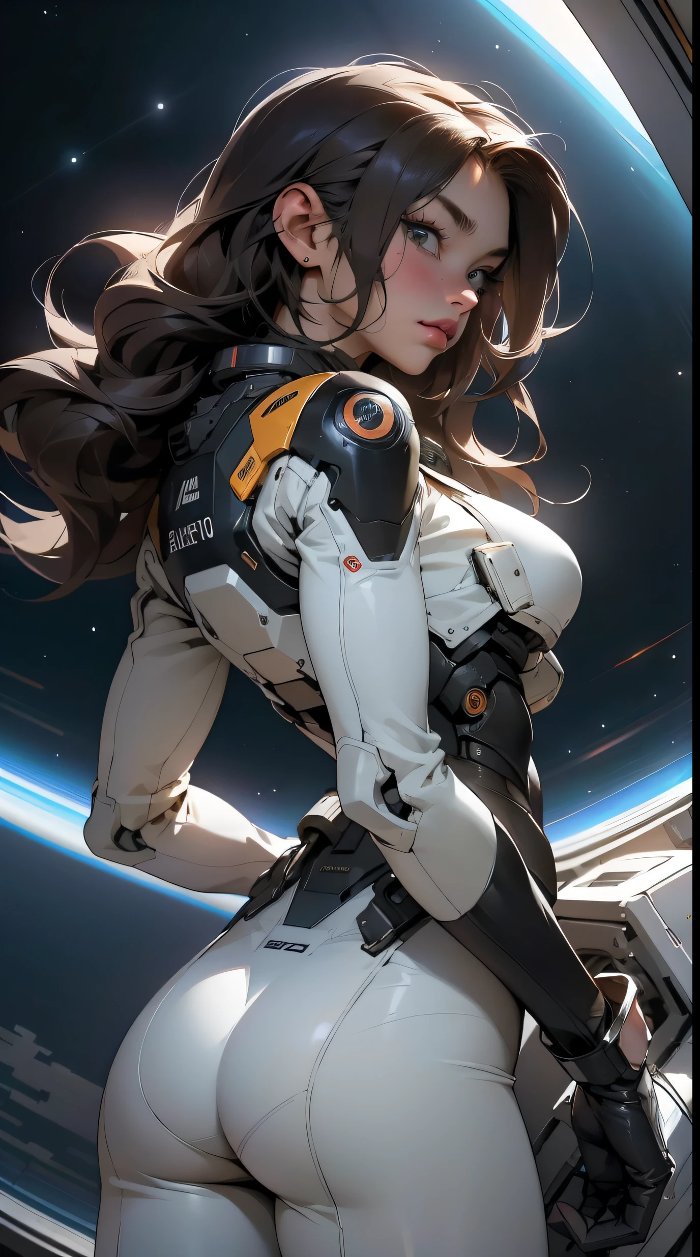 rear view, backside view,gritty hair fit body big breasts slim thighs slim waist pilot suit alone looking at the viewer in space long hair blushing determination, 8k, Detalle extremo,More detailed 8K.motor irreal:1.4,UHD,La mejor calidad:1.4, fotorrealista:1.4, textura de la piel:1.4, obra maestra:1.8,obra-prima, mejor calidad,objeto Objeto], (detailed face features:1.3),(Traje de piloto:1.4)
