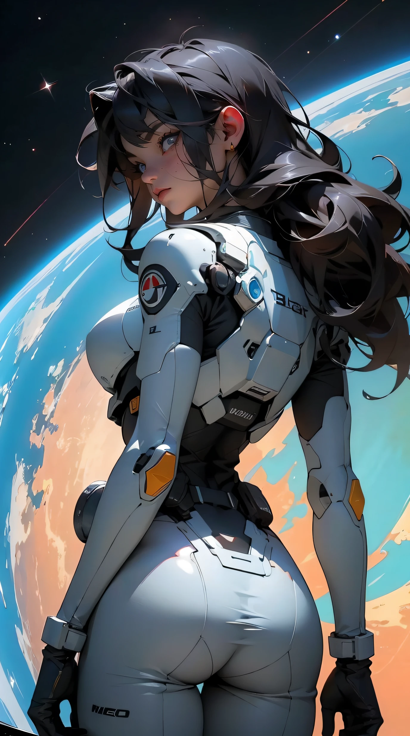 rear view, backside view,gritty hair fit body big breasts slim thighs slim waist pilot suit alone looking at the viewer in space long hair blushing determination, 8k, Detalle extremo,More detailed 8K.motor irreal:1.4,UHD,La mejor calidad:1.4, fotorrealista:1.4, textura de la piel:1.4, obra maestra:1.8,obra-prima, mejor calidad,objeto Objeto], (detailed face features:1.3),(Traje de piloto:1.4)