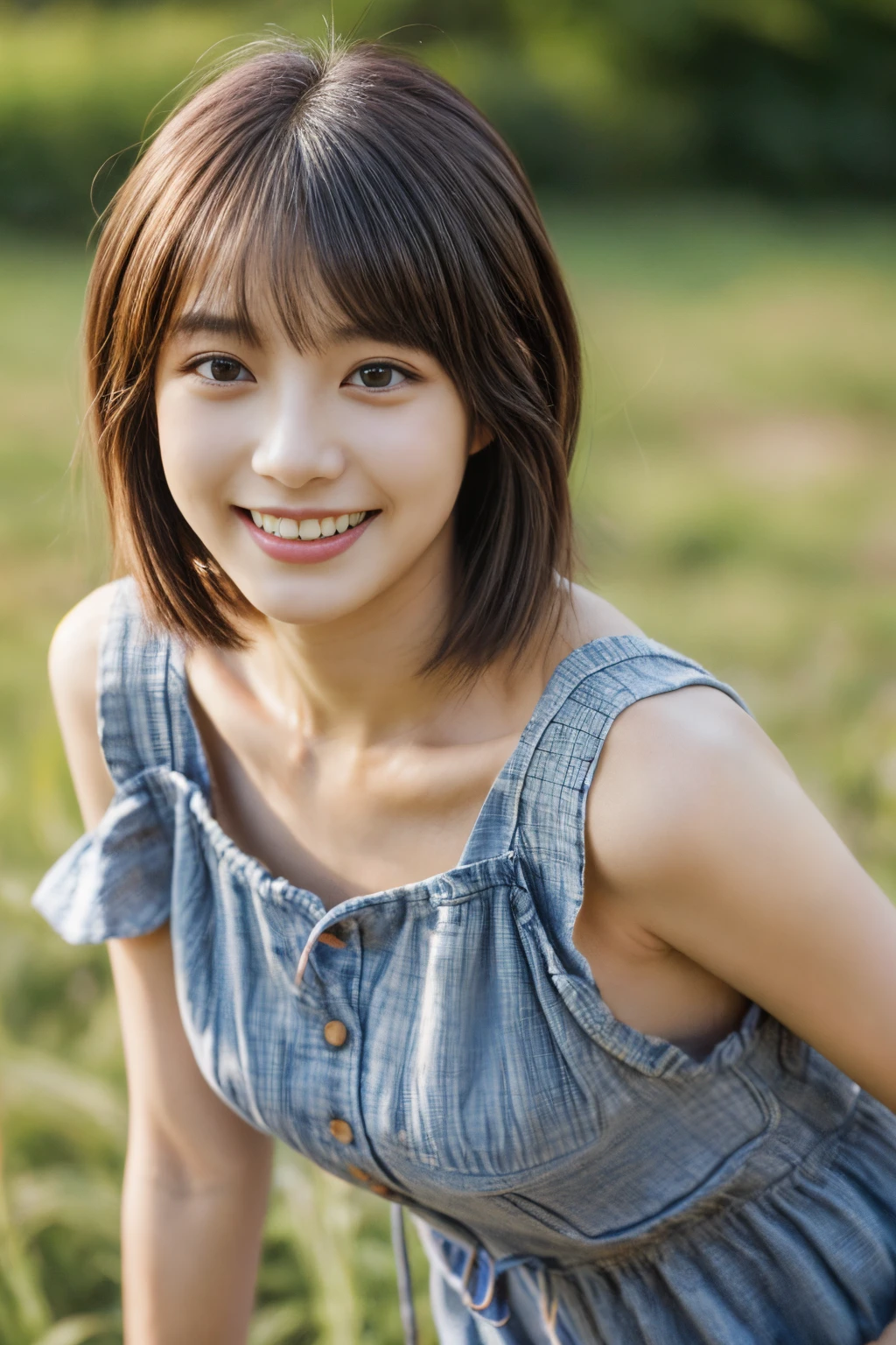 One girl, short hair,Black Hair,smile, summer, room,Sitting on a chair, Legs together,front, 6th grade elementary school, Looking up from below,Yellow Tank Top, Face close-up,transparent, (masterpiece, Highest quality), Soft Light, Structure of the film, Cinematic