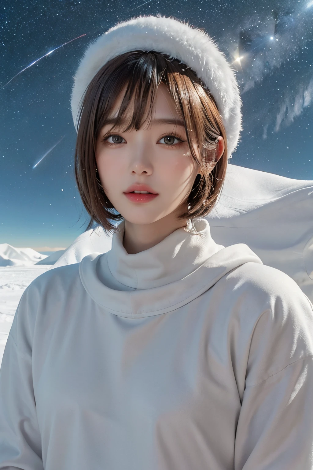 top-quality、masterpiece、超A high resolution、(realisitic:1.4)、Beautuful Women1、Beautiful detail eyes and skin、ssmile、Light brown short-cut hair、The perfect spacesuit、spaceships、cosmic space、iced&Snow Planet、cloudy ash sky、It's snowing、snow blowing、santa hat、