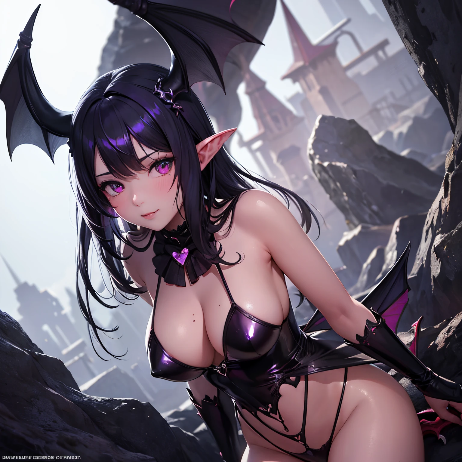 super high quality, 8k, RAW photo, realistic, cute succubus, lewd and sloppy look, heart-shaped micro bikini, wariza, looking down from below, slender, great proportion, background fantasy world, dancing iridescent