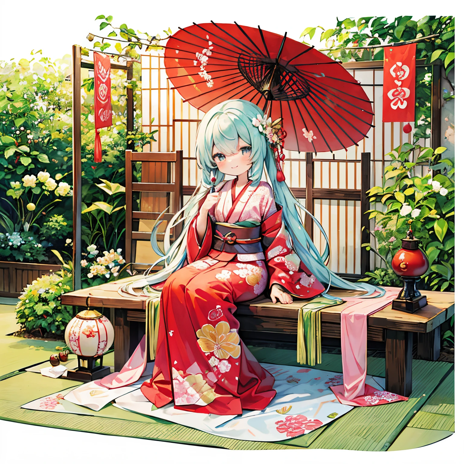 Transparent watercolor、girl with、Jewel Eyes,Beautiful arrangements and motifs、Originality、depth of fields,Fantastic, Transparency、Japanese garden、Kimono appearance、Holding a skewer of mitarashi dango、Eating dango on a skewer、Delicious smile、daytime、sit on a red chaise longue、Japanese umbrella、Dango shop banner