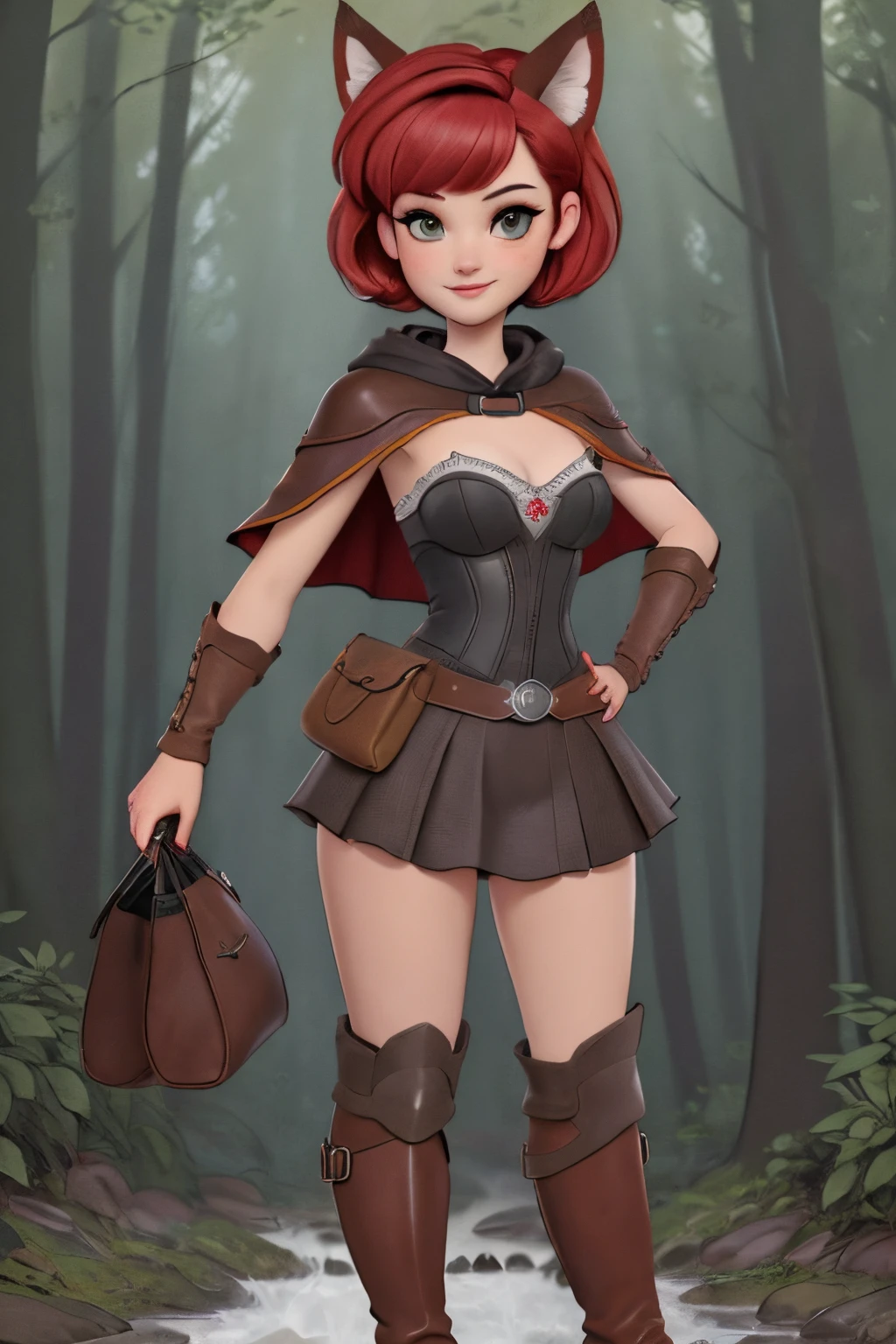Beautiful 1girl in, full body, teenager, Solo, (short pixie cut Hair, undercut red hair: 1.28), ((light gray eyes)), some small freckles, (dark fox ears: 1.35), pale skin, medium breasts, cleavage, (thin hips, thin waist: 1.25), (arched back:1.12), detailed skin, mischievous smile, (revealing clothes, brown leather, cowl, cloak, corset, skirt, long boots, buckles, straps, pouches, green fabric, brown leather: 1.1), (action shot, flying: 1.21), (detailed magical forest background:1.1), creek, overlooking opening in forest, relaxing, 4k textures, soft light, elegant, highly detailed, sharp focus, soothing tones, insane details, intricate details, hyperdetailed, high contrast, hdr