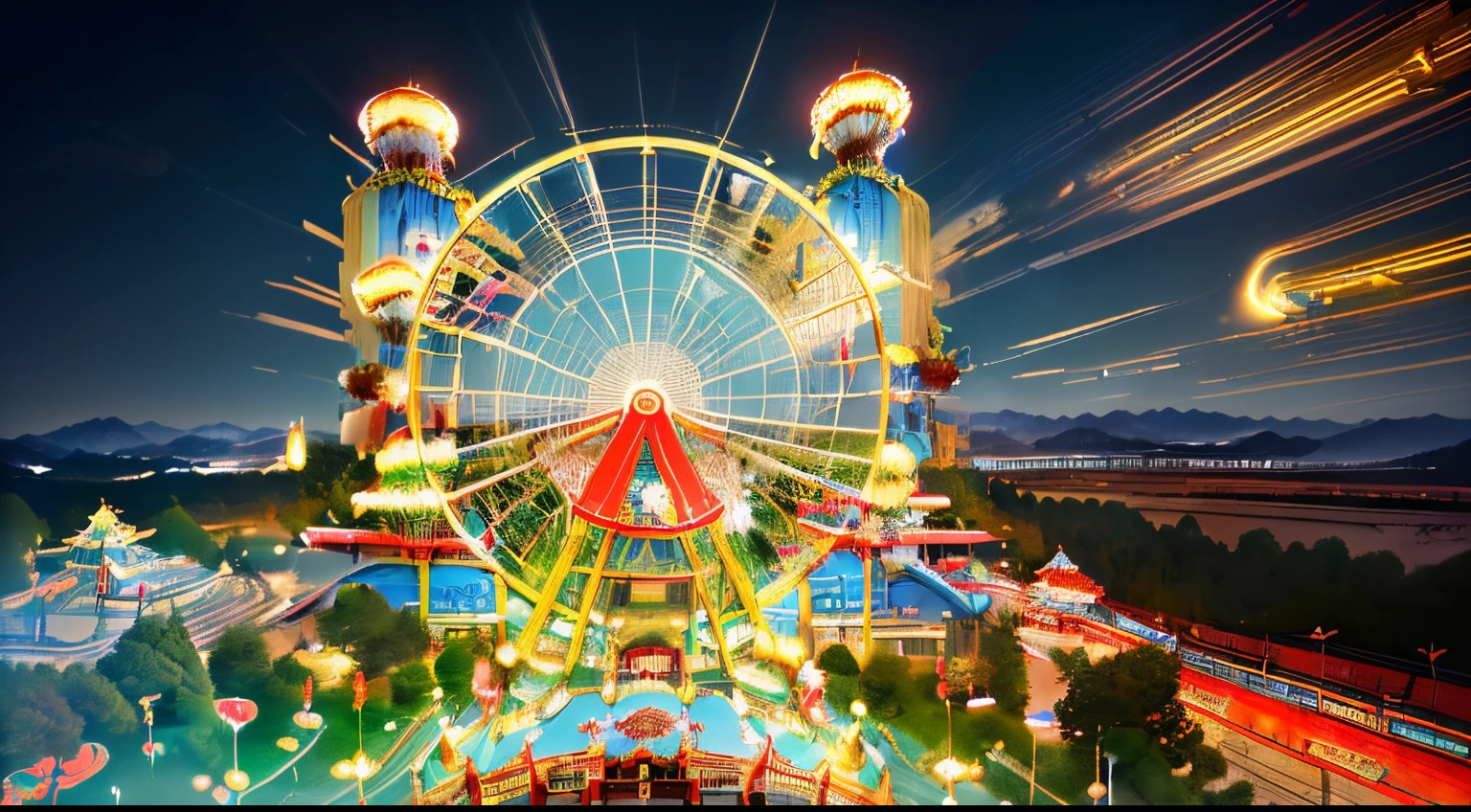 The theme is an amusement park scene with Chinese style elements, from an aerial perspective. The amusement facilities based on Chinese style elements include roller coasters, Ferris wheels, carousels, etc., with mountains and water, and a beautiful environment. The Chinese style amusement park is like a fairyland, and during the day