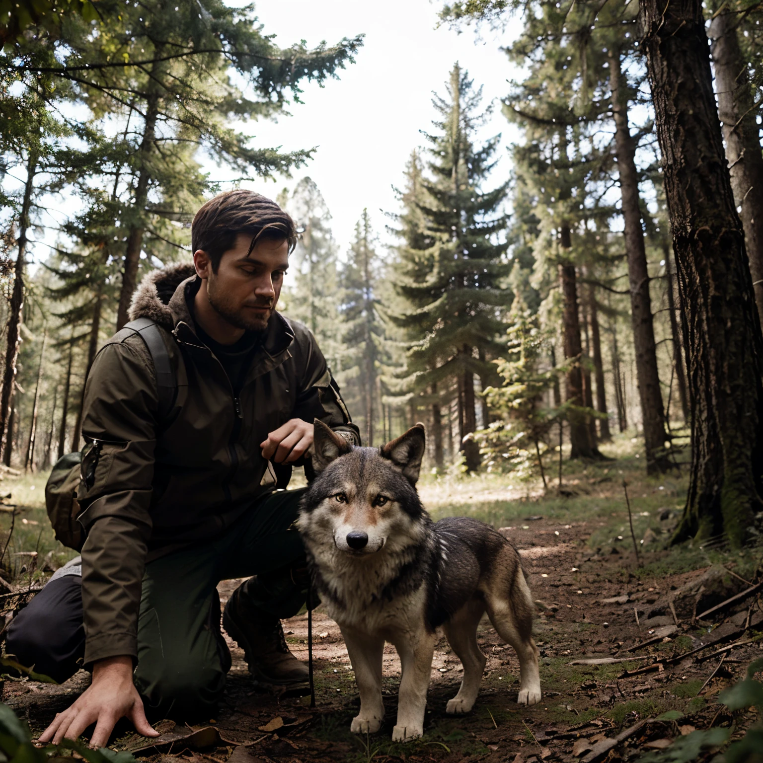 A hunter and his pet wolf in the woods