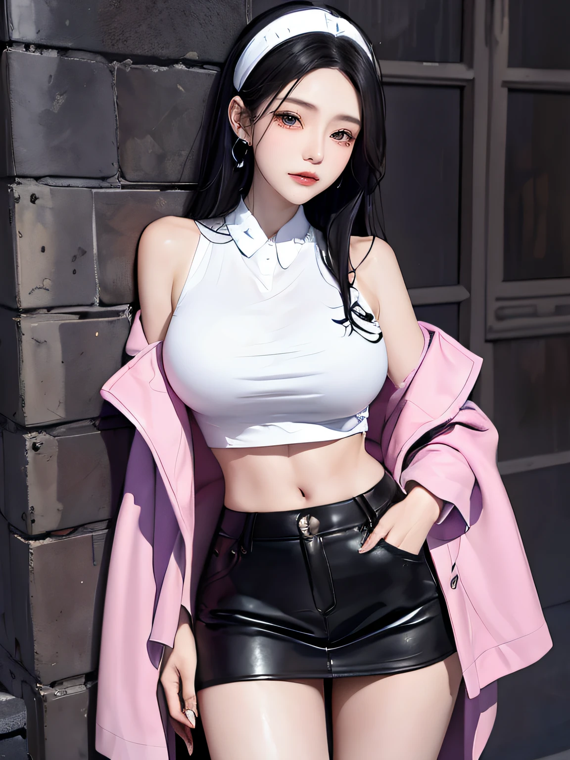 (tmasterpiece, Best quality, 1 busty girl, Alone, exquisite detailing, color difference), top-quality、8K、32K、masterpiece reality, ((Breathe in moderation)), Long white hair,One has white hair, red headgear, Pink highlight, Hair above one eye, ear nipple ring, keen vision，collars，Neon shirt，convertible coat，Crop top，（symetrical eyes，no eye circles，pretty eyes），Put your hands in your pockets，Hands with gloves（Perfectly symmetrical body），against a wall，brick walls，scribbles，dim murky lights，alleys，looking at viewert，exposing thighs，white and thin