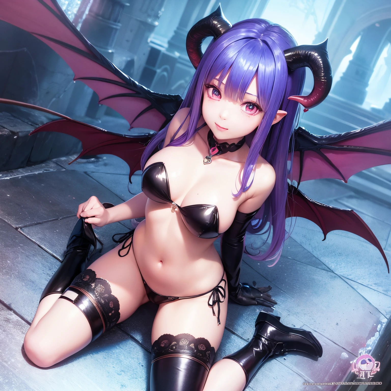super high quality, 8k, RAW photo, realistic, cute succubus, lewd and sloppy look, heart-shaped micro bikini, wariza, looking down from above, slender, great proportion, background fantasy world, dancing iridescent