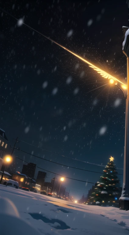 ((Dutch Angle)) Night, snowing at the avenue, city lights, Christmas time.