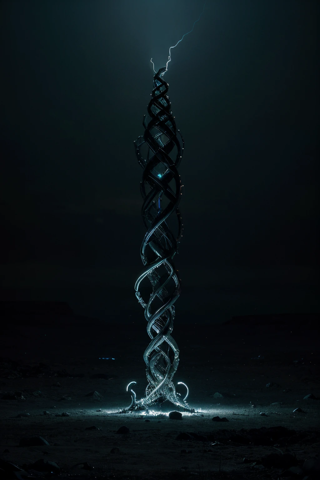 In a desolate, moonlit landscape, a creepy lone figure emerges, their silhouette contorted and grotesque against the eerie glow. Closer inspection reveals a fusion of organic and mechanical elements sinister tendrils of pulsating flesh intertwining with cold, metallic structures. The air is thick with an otherworldly hum, and a sickly, iridescent light emanates from the aberrant fusion. This image prompt invites exploration into the realm of body horror, prompting creative minds to unravel the unsettling narrative within this grotesque tableau, 3d, 4k