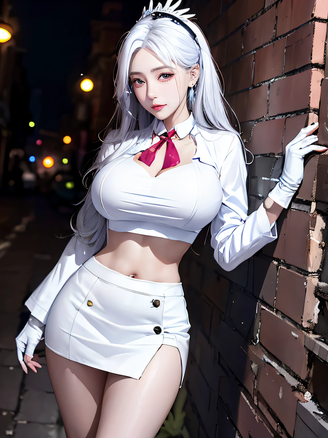 (tmasterpiece, Best quality at best, 1 plump girl, Alone, exquisite detailing, color difference), top-quality、8K、32K、masterpiece reality, ((Breathe in moderation)), Long white hair,One has white hair, red headgear, Pink highlight, Hair above one eye, ear nipple ring, keen vision，collars，Neon shirt，convertible coat，Crop top，（symetrical eyes，no eye circles，pretty eyes），Put your hands in your pockets，Hands with gloves（Perfectly symmetrical body），against a wall，brick walls，scribbles，dim dim lights，alleys，looking at viewert，exposing thighs，white and thin