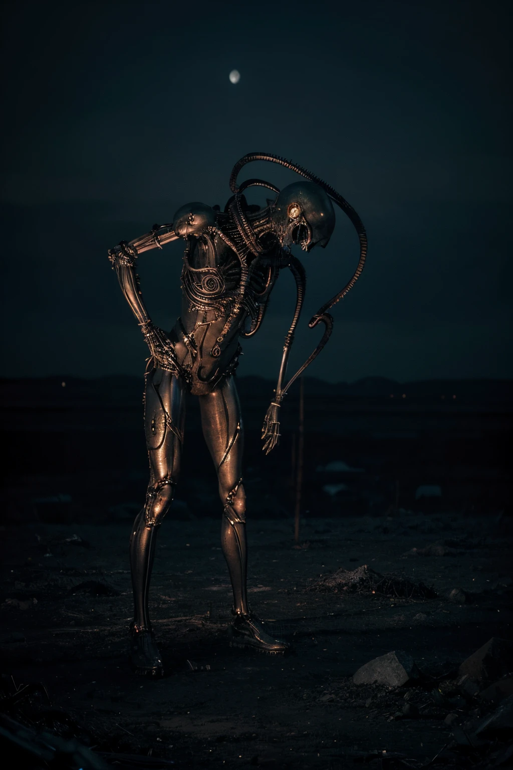 In a desolate, moonlit landscape, a creepy lone figure emerges, their silhouette contorted and grotesque against the eerie glow. Closer inspection reveals a fusion of organic and mechanical elements sinister tendrils of pulsating flesh intertwining with cold, metallic structures. The air is thick with an otherworldly hum, and a sickly, iridescent light emanates from the aberrant fusion. This image prompt invites exploration into the realm of body horror, prompting creative minds to unravel the unsettling narrative within this grotesque tableau, 3d, 4k