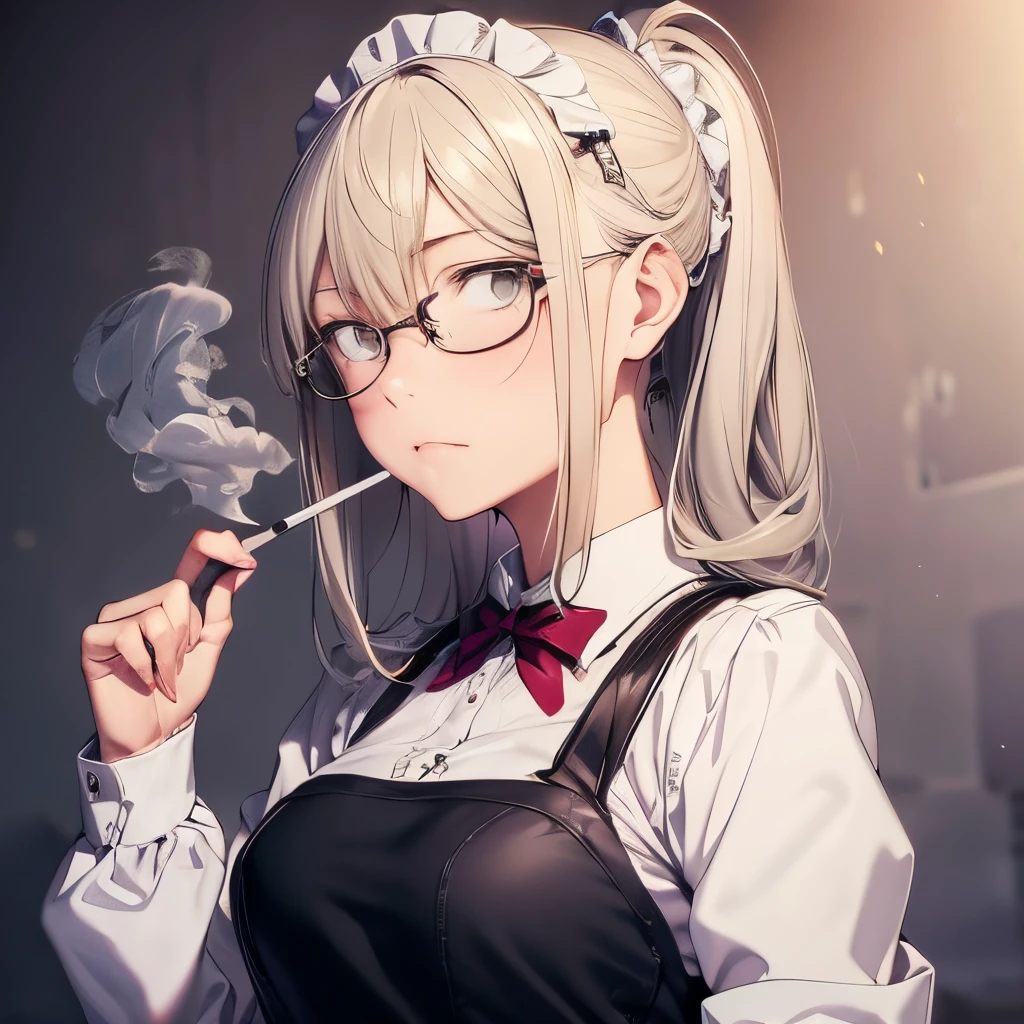 【Highest Quality, masutepiece】 [girl, Manteau, expressioness, brown eyes,glasses, sanpaku eyes,front facing,beauty blonde hair, Slender beauty,straight haired, long pony tail hair ,Upper body] (Gray white background:1.5), no smile,Waitress apron, smoke a cigarette,