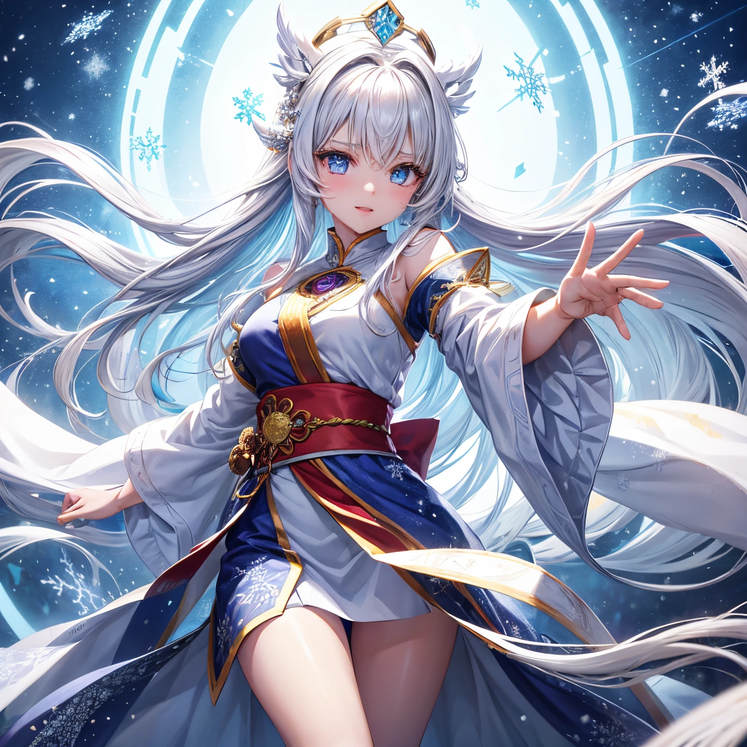 The best texture, high qulity, hyper HD, 8K, fully body photo, Panorama Figures, yuki, Flying snowflakes, dancing in the snow, girl, Full of Miao silver jewelry, HmongCostume, Silver phoenix crown, Melon seed face, Super detailed face, eBlue eyes, long eyebrow, White skin of the, sliver long hair, long and flowing hair, Rises with the wind, Snowflake colorful gift, actual, The is very detailed, high detal, ultraclear,