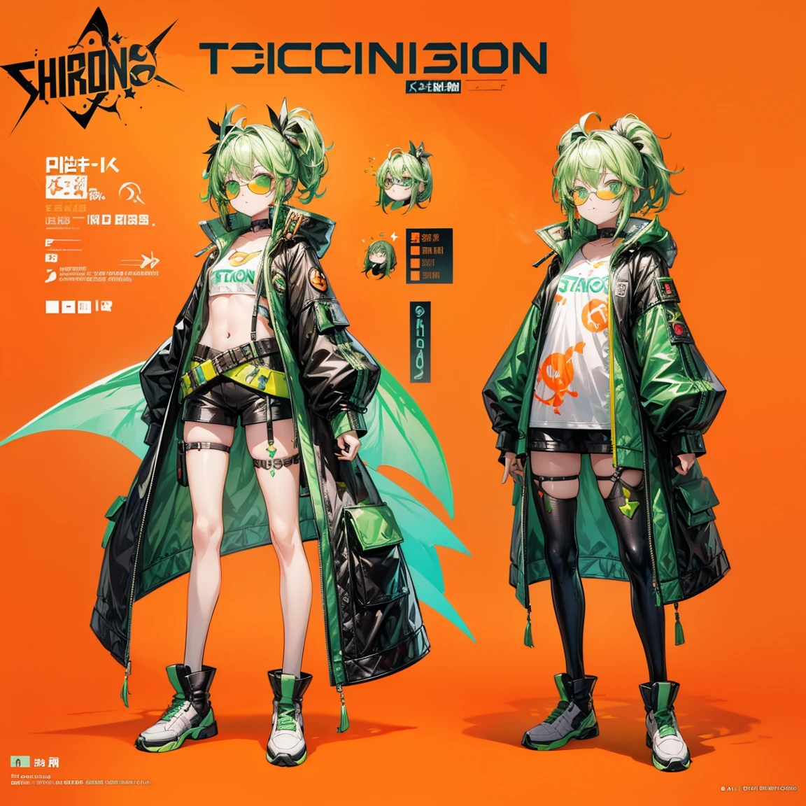 Character Sheets, Three types,Shot Full Body,Game Character Design,than a small flying moon,Girl in sunglasses and beans,Victorizo ∨TSE∨,Orange background,Stylistic expression, neon colors, neon green, toxic green