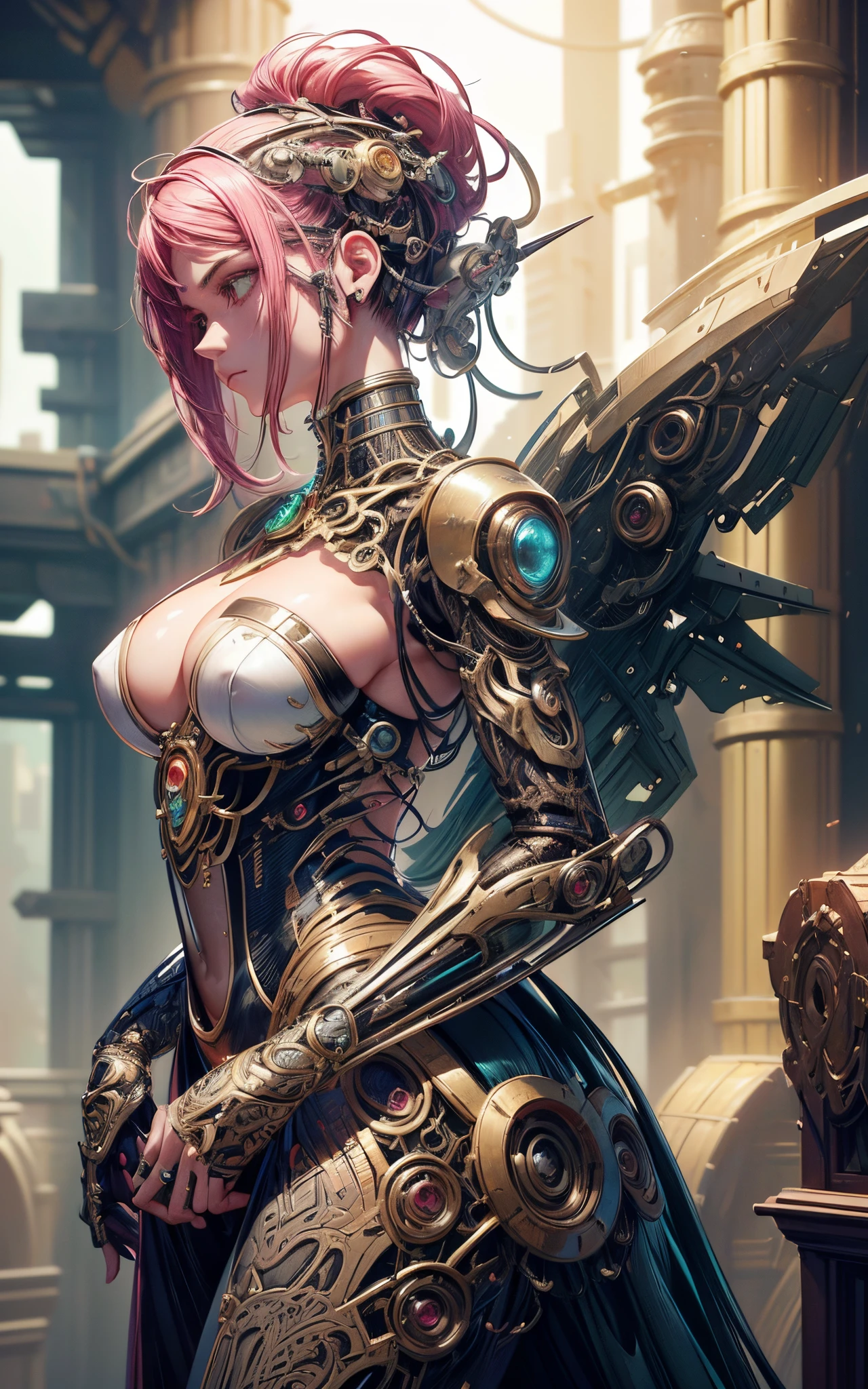 8k portrait of beautiful (cyborg) with pink hair, (Dua Lipa) , mecha musume scifi body suit, pauldrons, intricate, elegant, highly detailed, majestic, digital photography, art by artgerm and ruan jia and greg rutkowski surreal painting reflective, hairpin jewel, broken glass, (masterpiece, sidelighting, finely detailed beautiful eyes: 1.2), hdr,