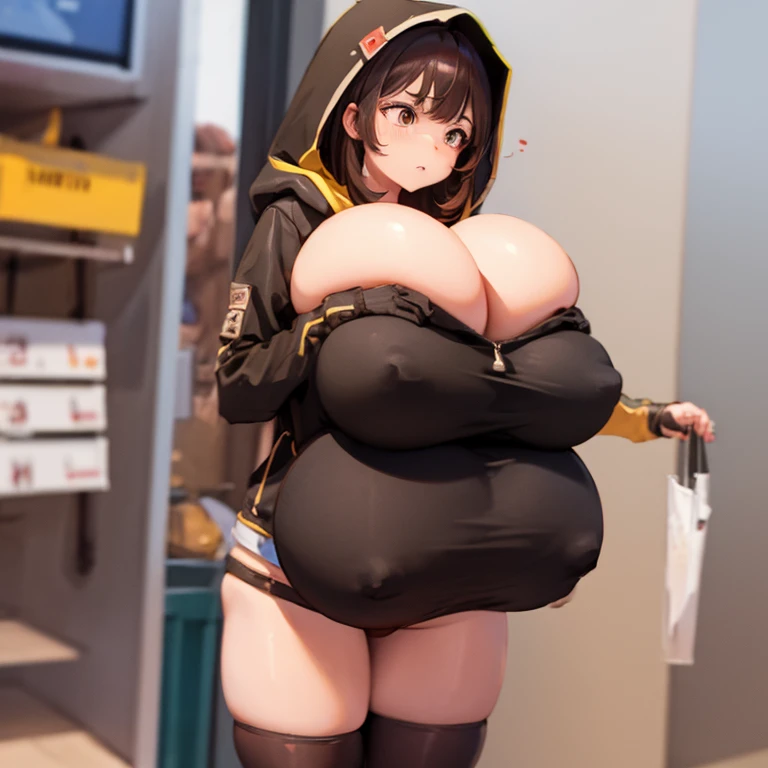(Large breasts:1.6), brown hair, hood, multicolored eyes, cowboy shot, UHD, masterpiece, ccurate, anatomically correct