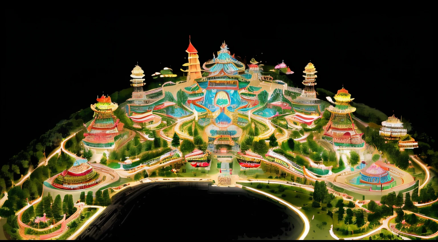 The theme is an amusement park scene with Chinese style elements, from an aerial perspective. The amusement facilities based on Chinese style elements include roller coasters, Ferris wheels, carousels, etc., with mountains and water, and a beautiful environment. The Chinese style amusement park is like a fairyland, and during the day