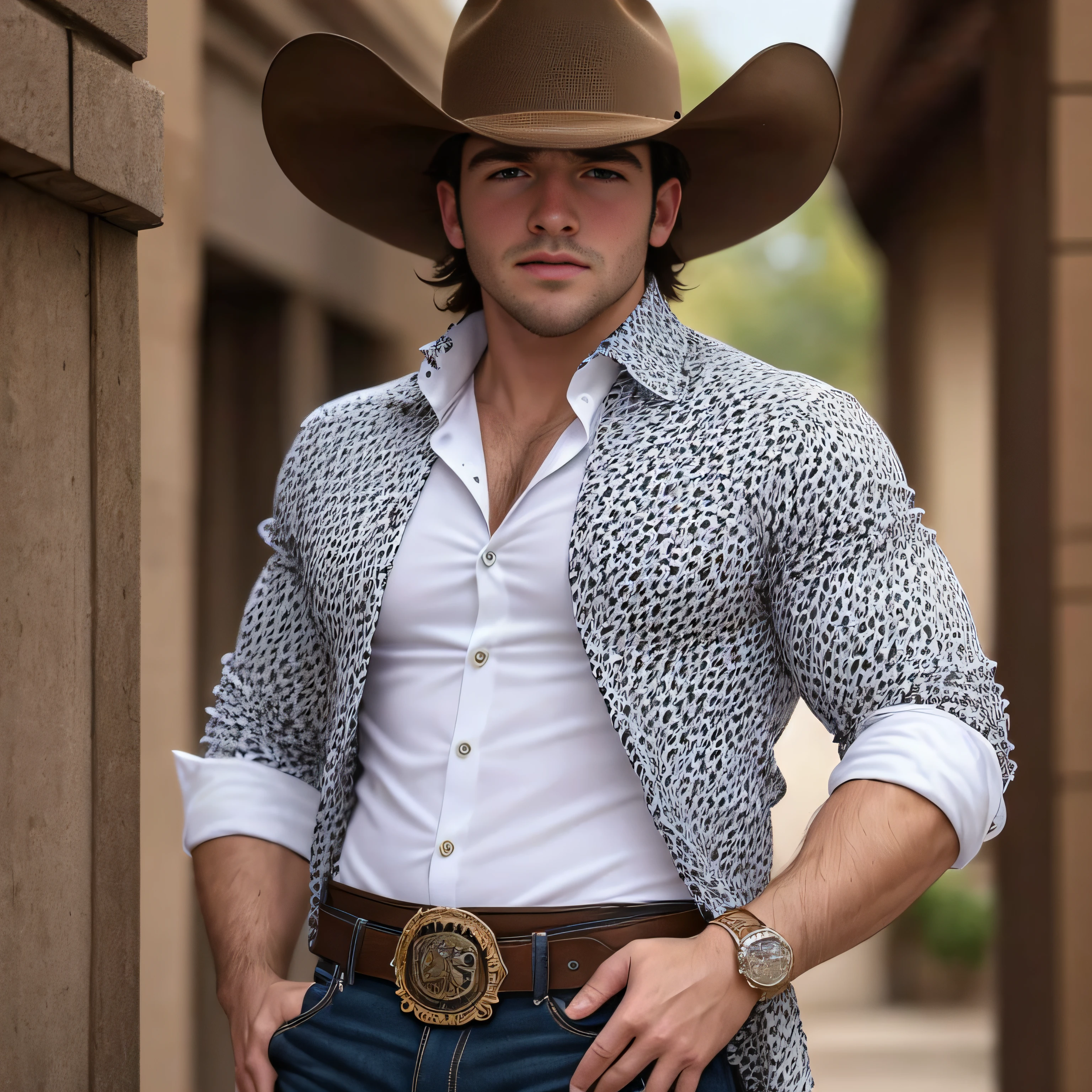 Hombre arafed con sombrero de vaquero y camisa a cuadros posando para una foto, una foto coloreada inspirada en Clint Cearley, Tendencias en Pexels, fantastical realism, Ropa occidental, Estilo vaquero, Vaquero mexicano, con una camisa de franela, 🤠 Usando un 🖥, cowboy themed, franela, Masculino y resistente, con una camisa a cuadros, Estilo campestre