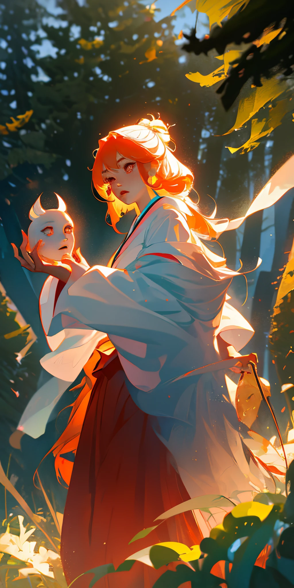 Long orange hair, star shape pupil, red eyes, 1girl, wearing skirt kimono, white clothes, forest, floating mask, autumn
