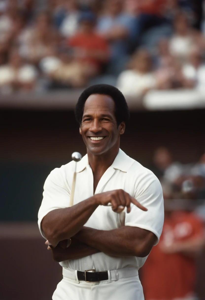 A photo of Simpson conducting a wild and fanciful 'investigation' with a magnifying glass,original,O.J. Simpson, “The Juice”, a former American football star, had a commanding athletic build, standing at 6’1” with a strong, muscular frame indicative of his years as a professional athlete. His charismatic smile and confident demeanor were recognizable features, making him a familiar and popular figure in the public eye. , male