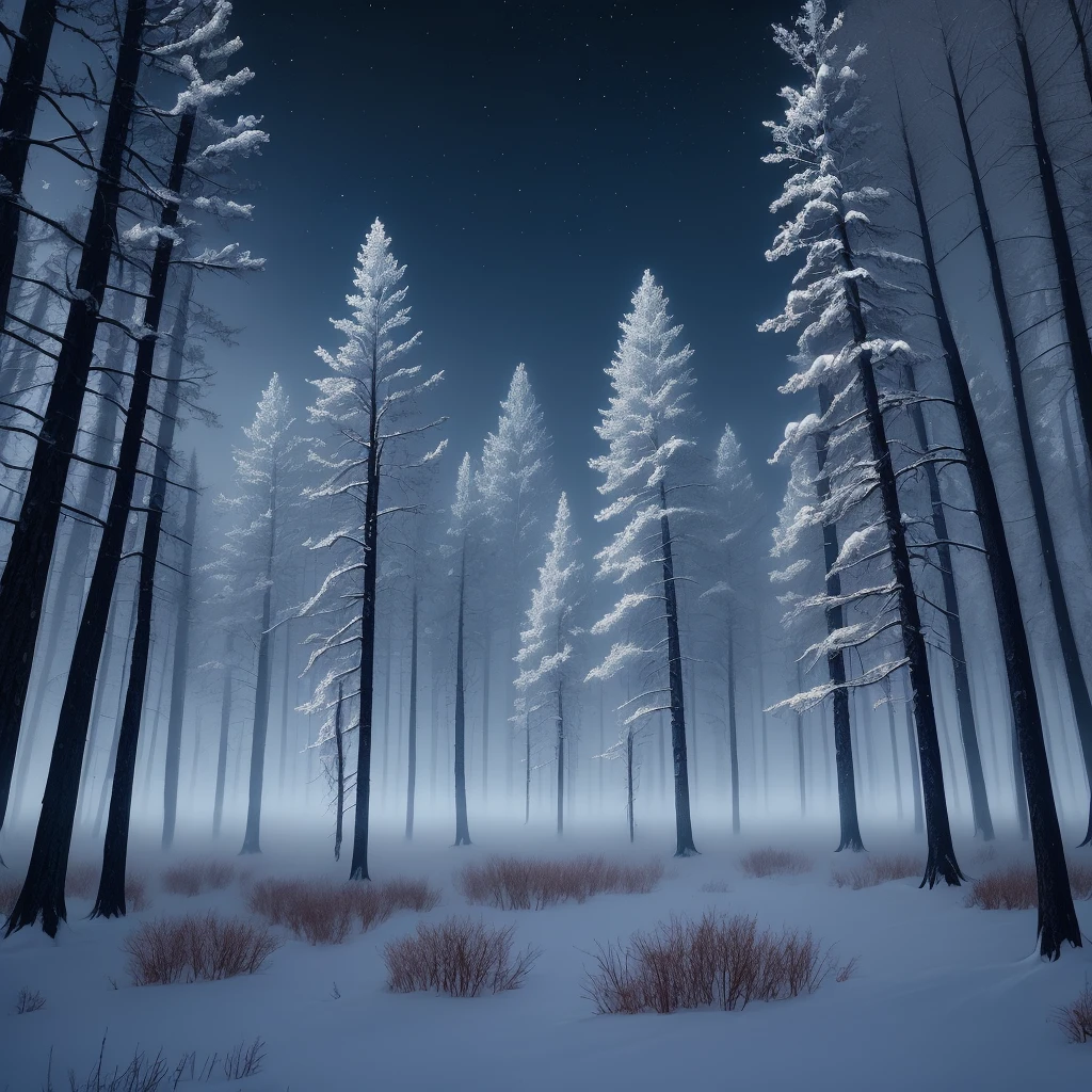 Sad winter forest dark blue fog night