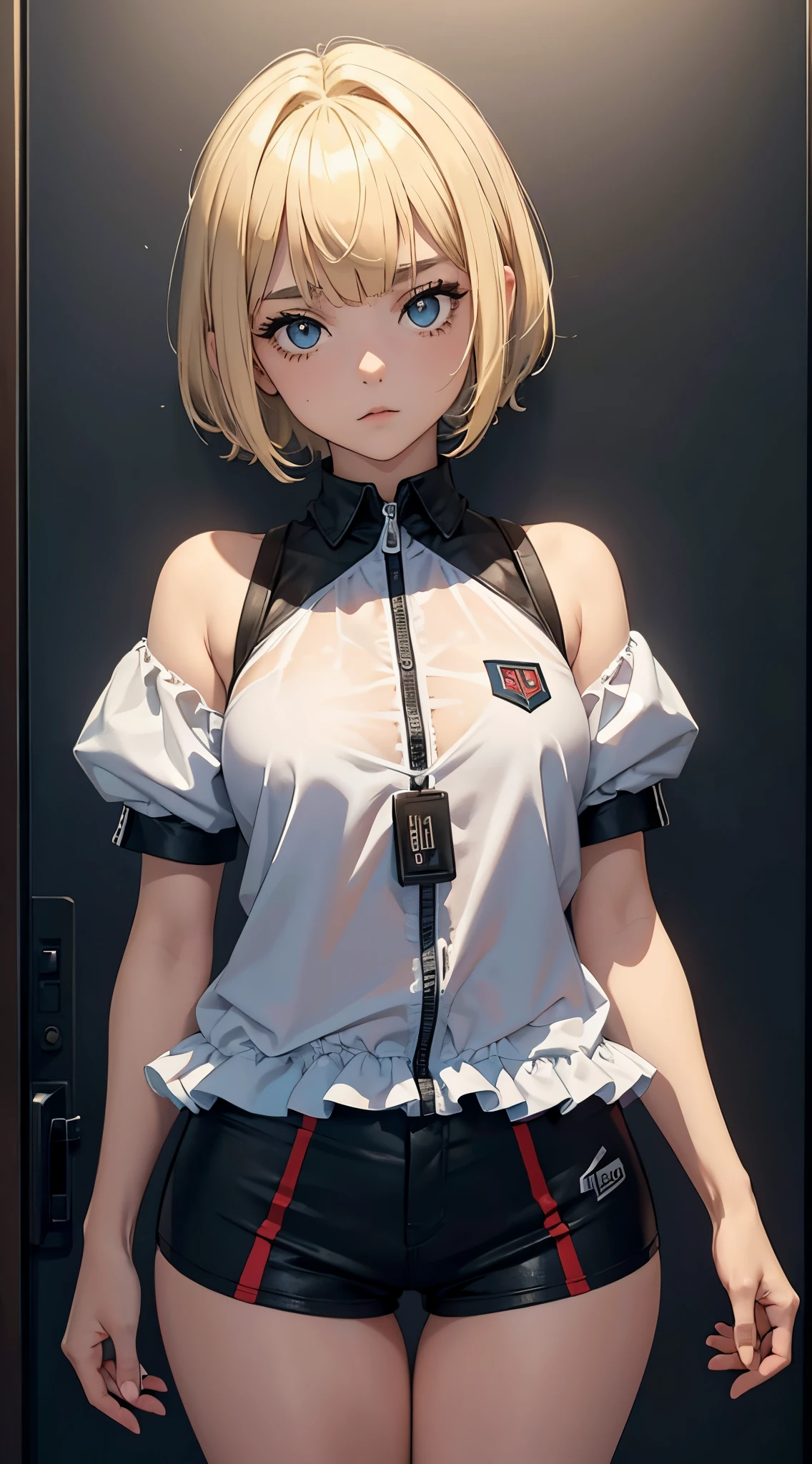 optimal，master piece，High resolution，best quality，hyper hd，super detail，award-winning，16K，solo，（Upper body），correct anatomy，Beautiful Cyberpunk Girl，cowboy shot、cute face，，blonde、bob cut、Red ribbon hair ornament、hair line，（（scarlet eyes）），long eyelashes，dangling corner of the eye，white skin，((Shoot from the front)), ((white t-shirt:1.5)), ((Clocktop:1.5)), ((big breasts)), ((transparent nipples))、rocket , （Because I&#39;m slender），