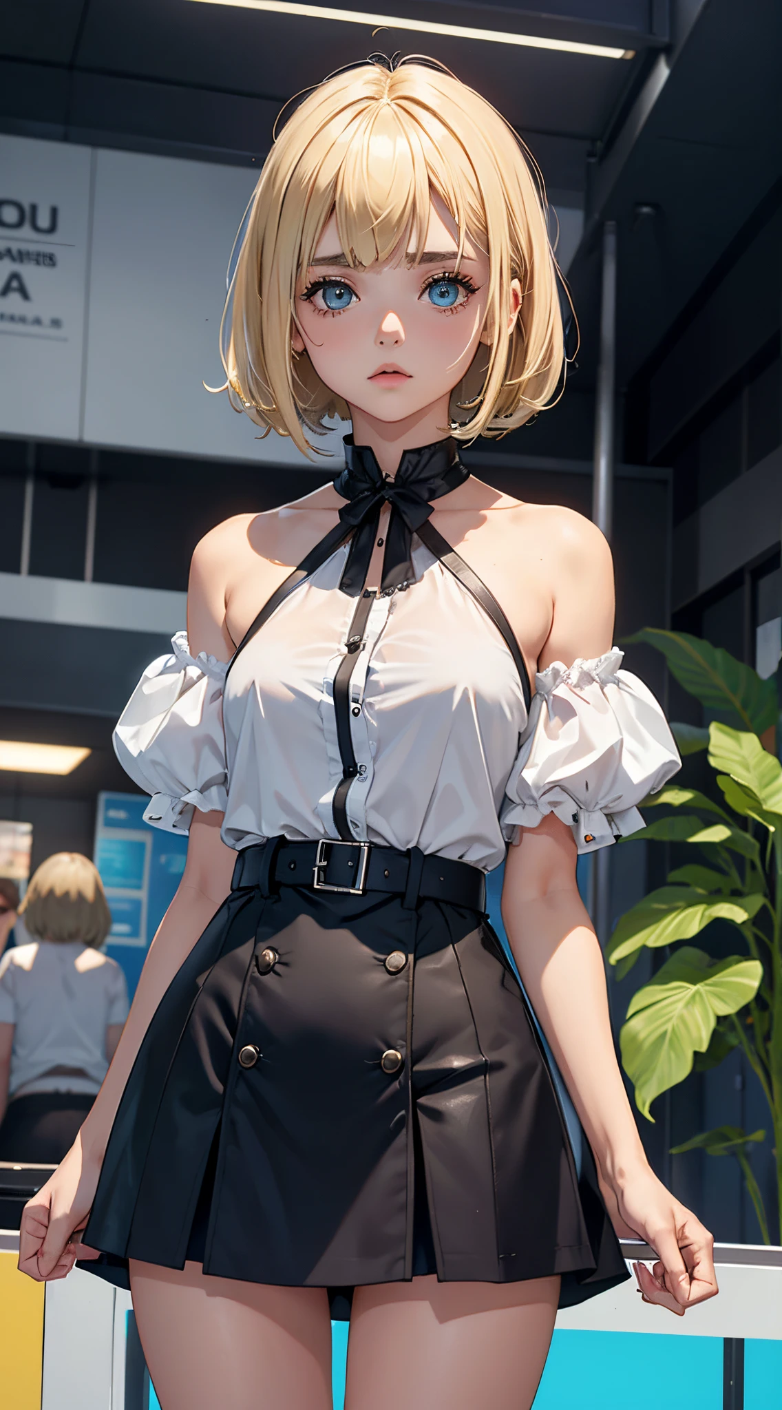 nsfw, best picture quality, 8K, high quality, masterpiece:1.2), ((masterpiece)), (high detail, high quality, best picture quality), bokeh, DOF, Portrait, open stance, (photo realistic:1.4), real skin texture, A sleeveless navy turtleneck knit, frilled tight skirt, short hair, pantyhose, (holding on to the train's suspension leathers:1.5) on a (crowded subway train), (her armpits fully visible:1.4), extremely cute, very round face, brown hair, plump body, shoot from below, looking aside, (blond yellow hair), bun style hair, crying hars, very embarrassed, short height, small head and face, watched by crowd