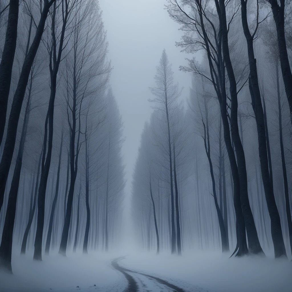 Sad winter forest dark blue fog night scary