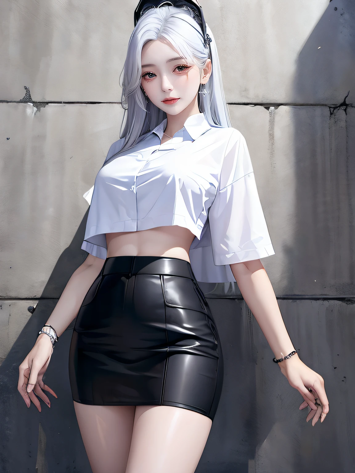 (tmasterpiece, Best quality, 1 plump girl, Alone, exquisite detailing, color difference), top-quality、8K、32K、masterpiece reality, ((Breathe in moderation)), Long white hair,One has white hair, red headgear, Pink highlight, Hair above one eye, ear nipple ring, keen vision，collars，Neon shirt，convertible coat，Crop top，（symetrical eyes，no eye circles，pretty eyes），Put your hands in your pockets，Hands with gloves（Perfectly symmetrical body），against a wall，brick walls，scribbles，dim murky lights，alleys，looking at viewert，exposing thighs，white and thin