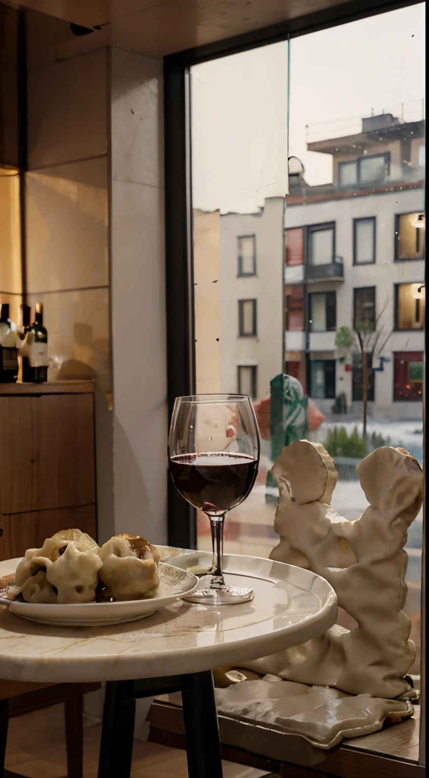 Close-up of the scene，tmasterpiece，dining room，Several tables，A few chairs，(( A wine glass and a plate of dumplings on the table ))，Baijiu，In the daytime，Outside the window is the street，Winter sun，Winters，There is snow，c4d，Empty product display scene，Front view，first person perspective，Heads-up shooting，Real-world scenarios，without humans