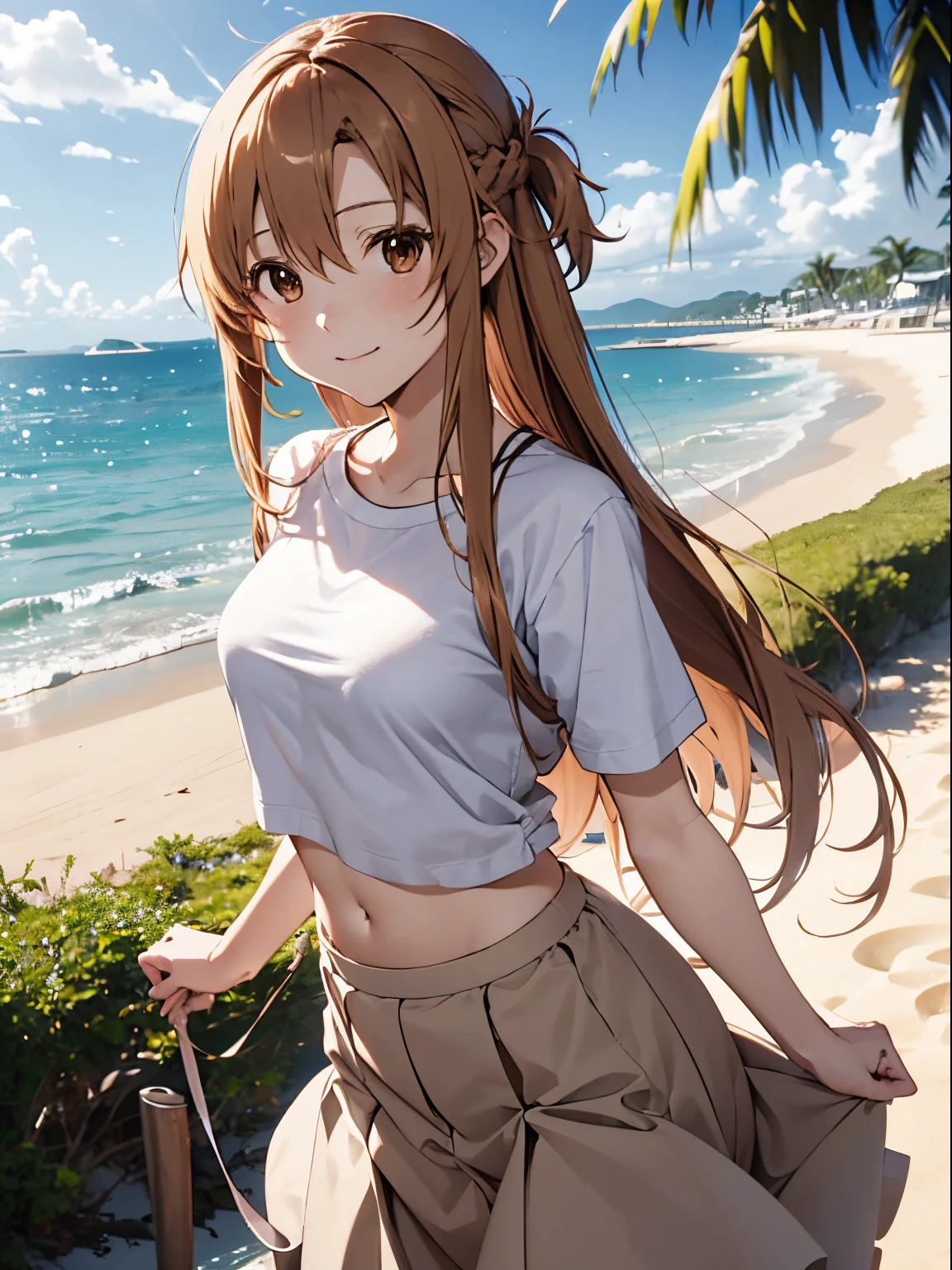 Lake Izu,((Highest quality)), ((masterpiece)), (be familiar with), One female,(Small breasts),Long Hair, Brown Hair, Brown eyes,White shirt,Exposing shoulders,Erect nipples