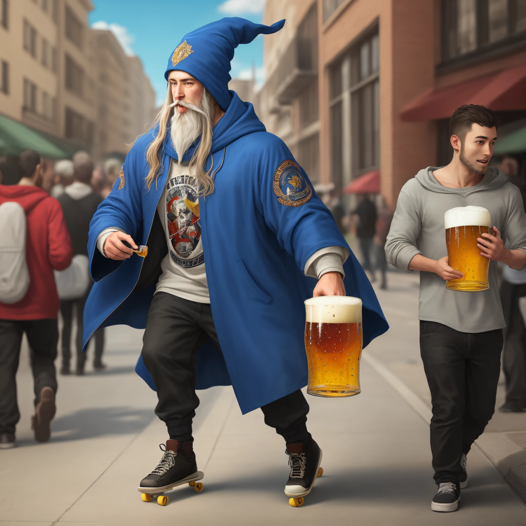 wizard on a skateboard holding a beer