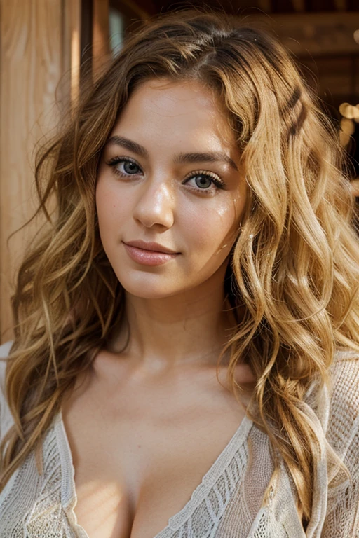 A 26 -year-old, curly-haired, blonde-haired, friendly-looking beatiful Turkish woman with hazel eyes. lips slightly opened smile,