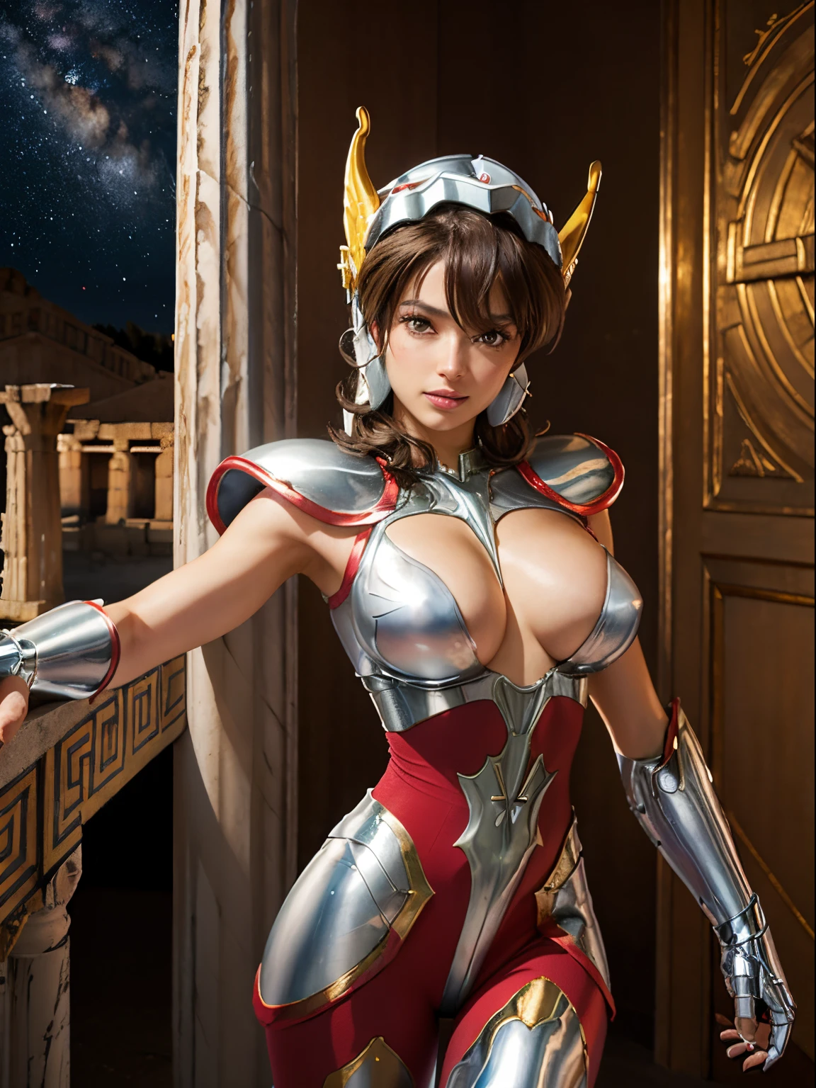 masterpiece, best quality, ultra high res, realistic skin texture,silver armor, armature, (photorealistic:1.4), high resolution, raw photo, 1 girl, shiny skin, (detail skin:1.2), realistic skin texture, best lighting, wearing red pants, (perfect breast:1.3), sparkle, mecha armor, (short hair:1.2), (Pegasus Seiya:1.2), wearing a winged helmet, dramatic lighting, dynamic pose, (greek temple background:1.3), night sky, cosmos, milky way,