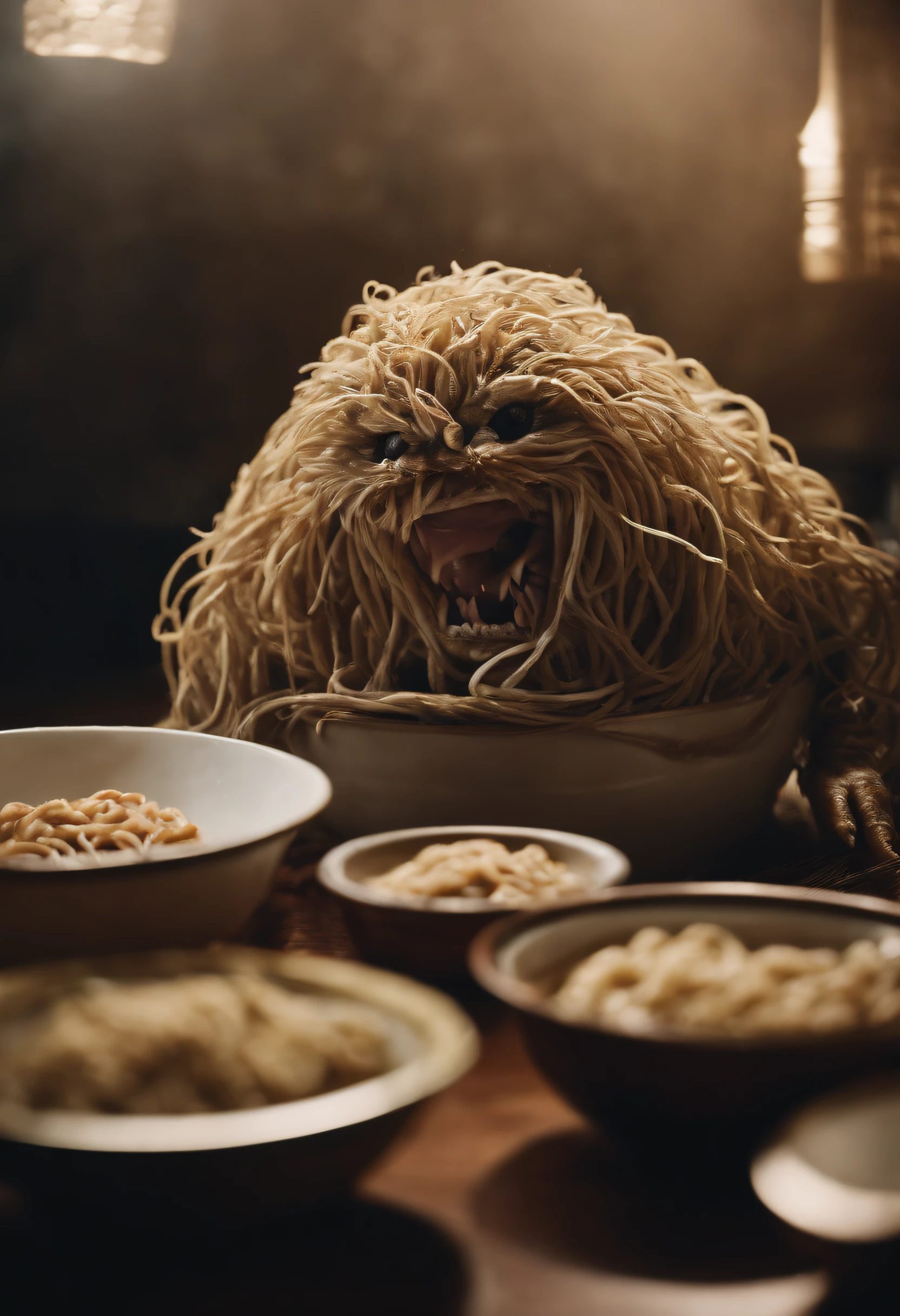 Japanese soba became a monster after crossing with roundworms..。A soba monster that jumped out of a bowl、Trying to wrap around someone nearby and strangle them to death.。