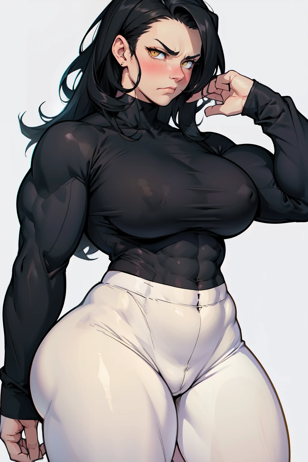 sad girl muscular muscular muscular breasts breasts breasts thick thick thick thick black hair yellow eyes pale skin pale skin thick thick thick leggings tight shirt long sleeve thick thick thick thick thick thick muscular simple background long and frown blushing angry thighs thighs waistup waist up dark atmosphere