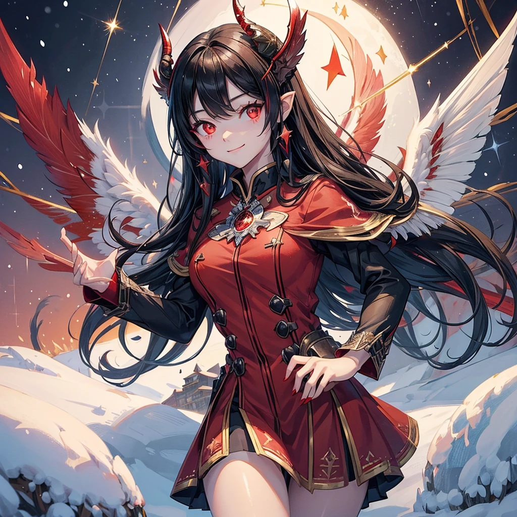 i'ts snowing, masterpiece:1.3, beautiful detailed grow, ((devil wings)) on the back, black long hair girl, (twinkling red eyes:1.4), sexsy smile, in a red school uniform, in the snow town.