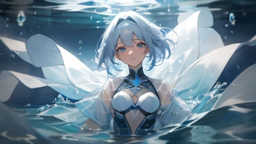 (Top resolution),1womanl,Anime, eyes are light blue and blue,odd eye,Delicate eyes,Gray hair,Blue Mesh,big bob hair,Long,A look of relief appears on his face.,Water clothes,Clothes inspired by water,breasts are small,The background is the sea,in the bubbles of water,the original god,Freena,Being in the water