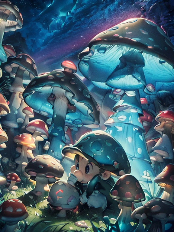 ((mario, super mario)), (Bioluminescent Mushroom:1.5), forest background, (putting up mushroom, work clothes, harvest:1.5, mushroom), (wild boar:1.5), night, dark, (basket:1.5, basket full of mushrooms),