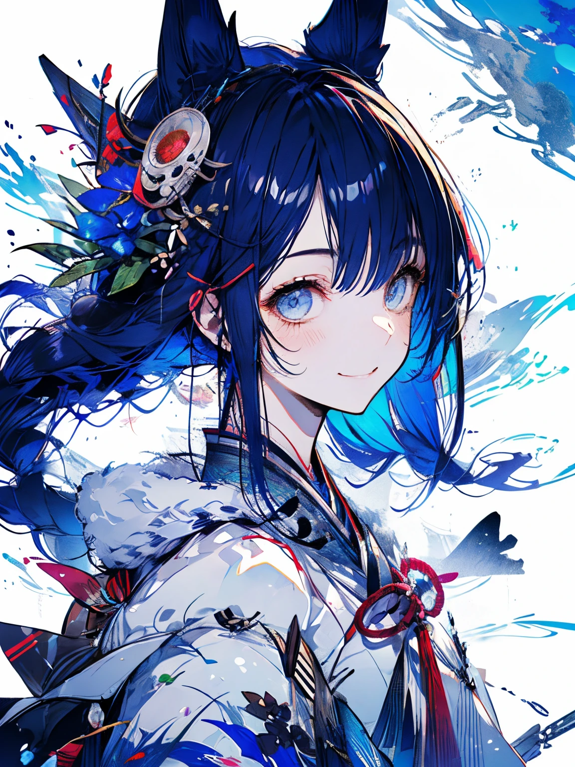 Japan female teenager、Blue-haired、long pony tail、drooping dog ears、Dog tail、Onmyoji costume、a smile