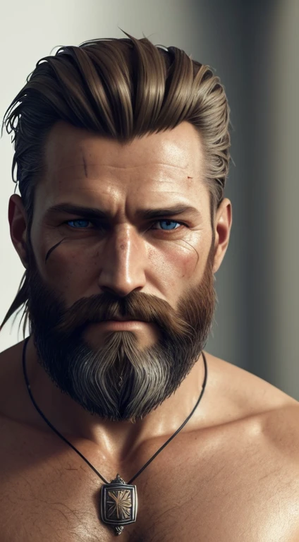 a close up of a man with a beard and a necklace, small character. unreal engine 5, cinematic realistic portrait, cinematic full character, muscular character, tuomas korpi and wlop, unreal engine character art, many scars. cinematic lighting, portrait of rugged zeus, cinematic bust portrait, photorealistic logan movie still, portrait of a rugged warrior, long brown hair, 8k portrait render