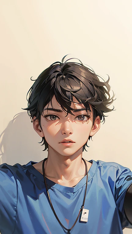 arafed boy with a blue shirt and a necklace with a white tag, with accurate face, ramil sunga, thawan duchanee, john jude palencar, nivanh chanthara, facebook profile picture, 18 years old, with long hair, potrait, south east asian with round face, with short hair, selfie photo, anime, high definition, sharp eyes, levi ackerman, anime boy, sukuna, nagi