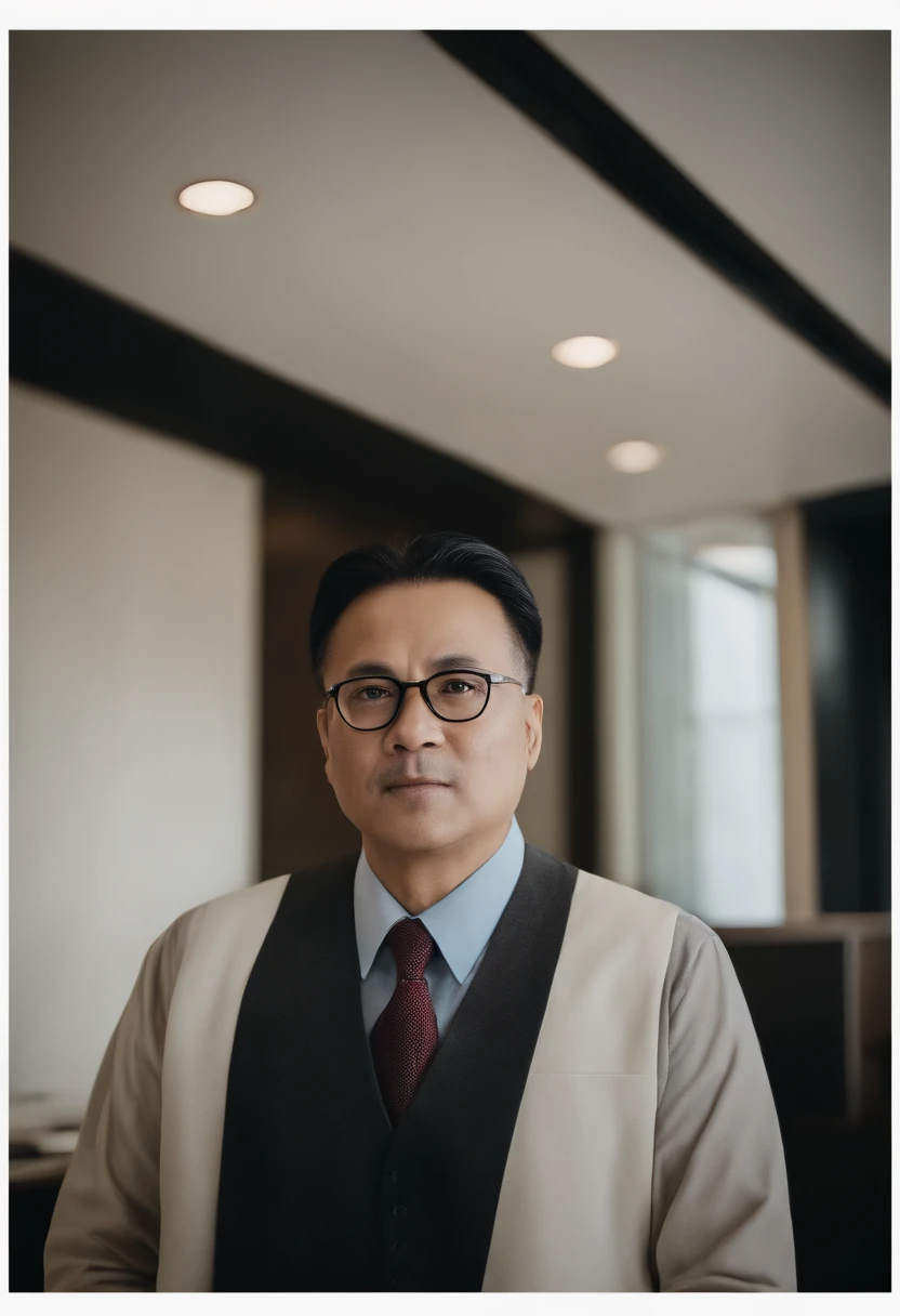 office room,(Finance Professor,Portrait of 40-year-old male teacher Asian),There is a desk with nothing on it,Financial background,Real Photographics,lightand shade contrast