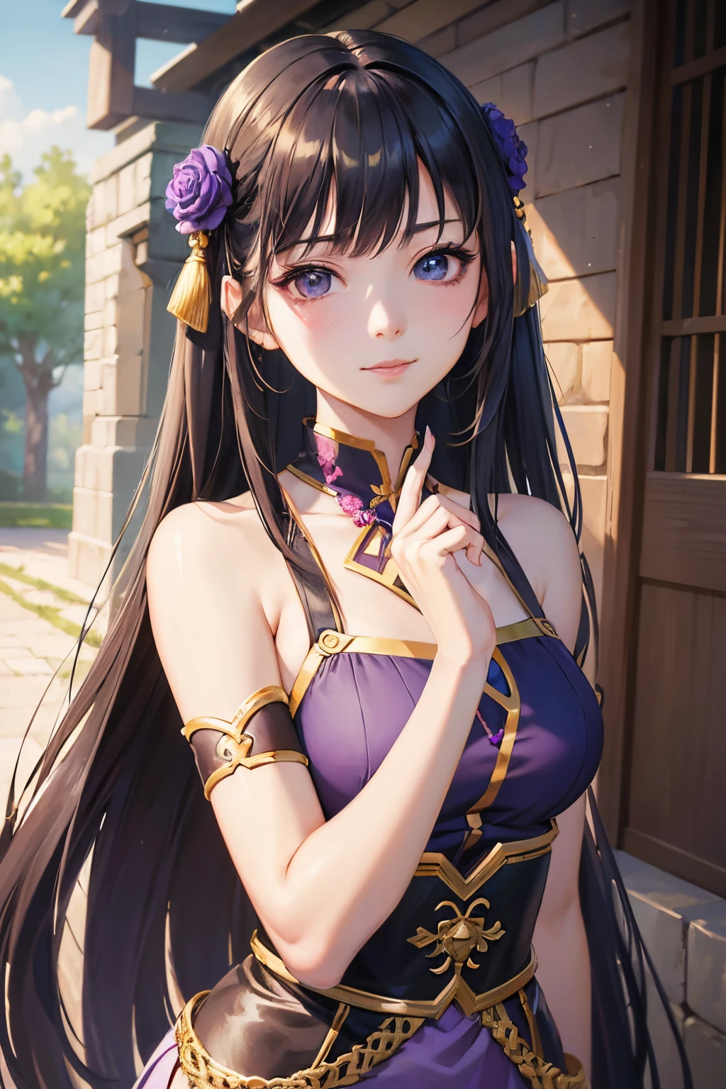 masterpiece, top-quality、8K,  anime girl, 20 year old, long black hair , ornamental accessory on hair, outdoor sunny garden, a character portrait by Yang J, Trend of CGsociety, Fantasy art, a beautiful anime portrait, detailed portrait of an anime girl, A girl in Hanfu, Guviz-style artwork, Beautiful anime girl, portrait anime girl, Beautiful character painting, Guviz, Portrait of an anime girl,  (perfectly detailed face), ((well detailed hand, normal hands)), photorealistic image, depth of field, raytracing, warm smile, cowboy shot, standing, upper body, (purple clothing), bare shoulders, slim waist,