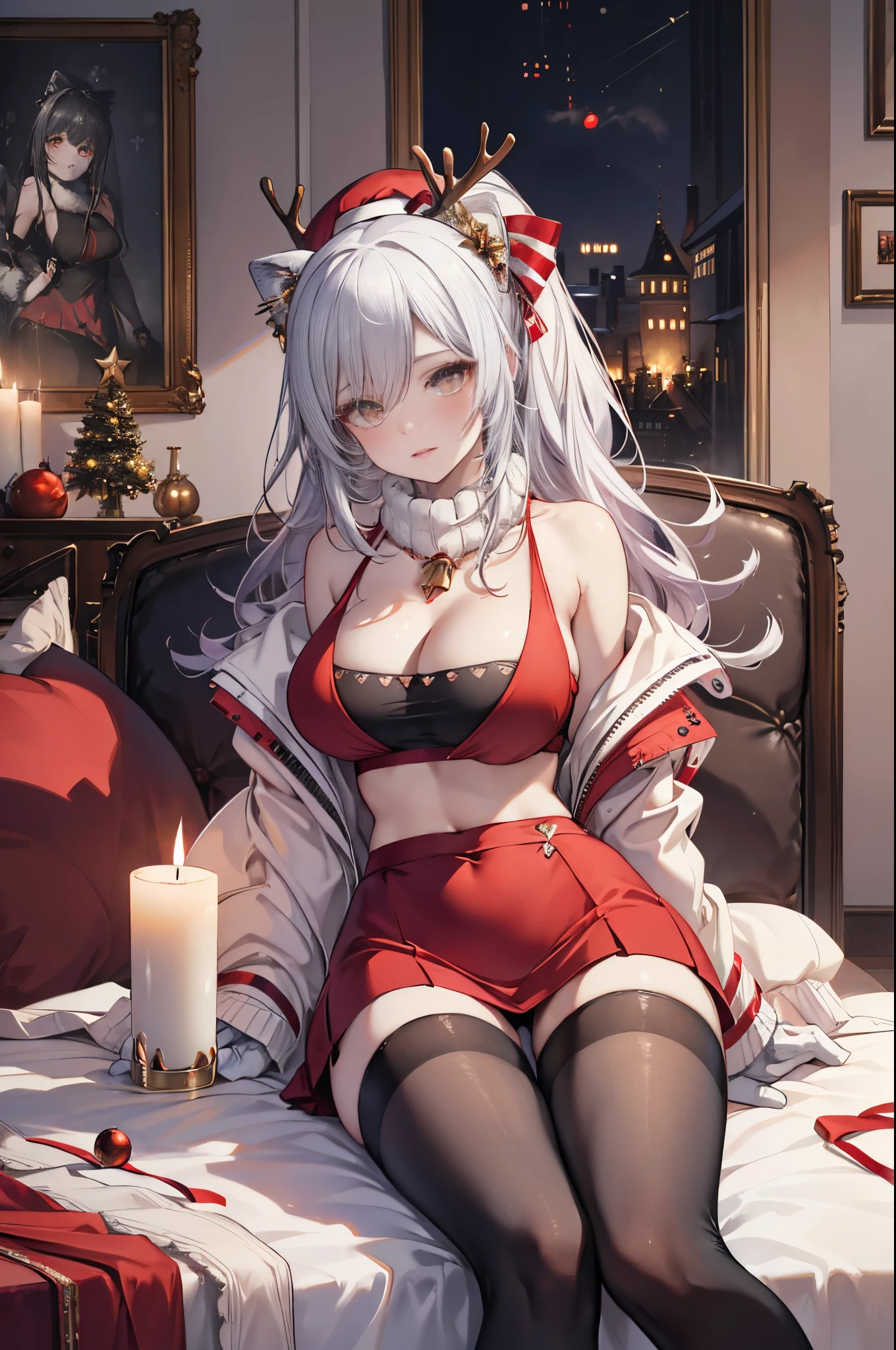 best quality, masterpiece, illustration, realistic, photo-realistic, amazing, finely detail, incredibly absurdres, huge filesize, ultra-detailed, highres, extremely detailed CG unity 8k wallpaper, ray tracing, close-up, upper body, nsfw, A beautiful young Korean woman resembling a popular actress, celebrating Christmas eve alone in a cozy living room filled with Christmas decorations. She has perfectly done makeup with bold red lipstick, smoky eyeshadow, rosy blush and long false eyelashes. Her slim figured is paired with disproportionately large breasts. She is wearing a sexy Mrs. Santa outfit consisting of a short red velvet skirt, a cleavage-baring red crop top with puffy shoulders, matching elbow-length red velvet gloves and hat, black fishnet stockings and red stiletto heels. She is playfully holding a large Christmas present box in front of her chest, resting her ample bosom on top of the box. There is a magical indoor snowfall atmosphere inside the room. The room is illuminated by the lights of the Christmas tree and candles creating a flirtatious Christmas mood.