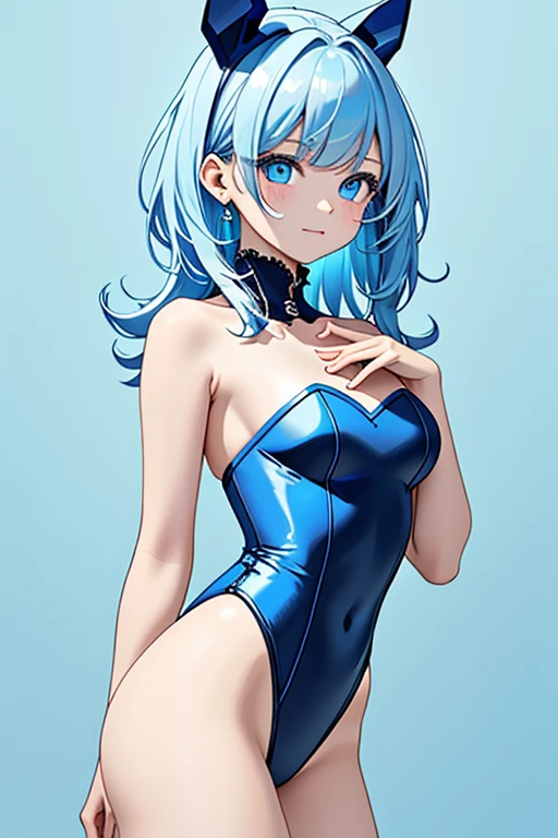 ((masterpiece、top-quality:1.5、a high chroma:1.5、ultra-detailliert、high-resolution illustrations:1.5、Ultra-high-definition CG、8k size wallpaper、offcial art))、,(cute face:1.5)、(clear face:1.3),
((Blue-only color scheme:1.5)),(),(blue eyes),(strapless leotard),(), ((medium breasts))、
,(),()、(cowboy shot)、,girl,