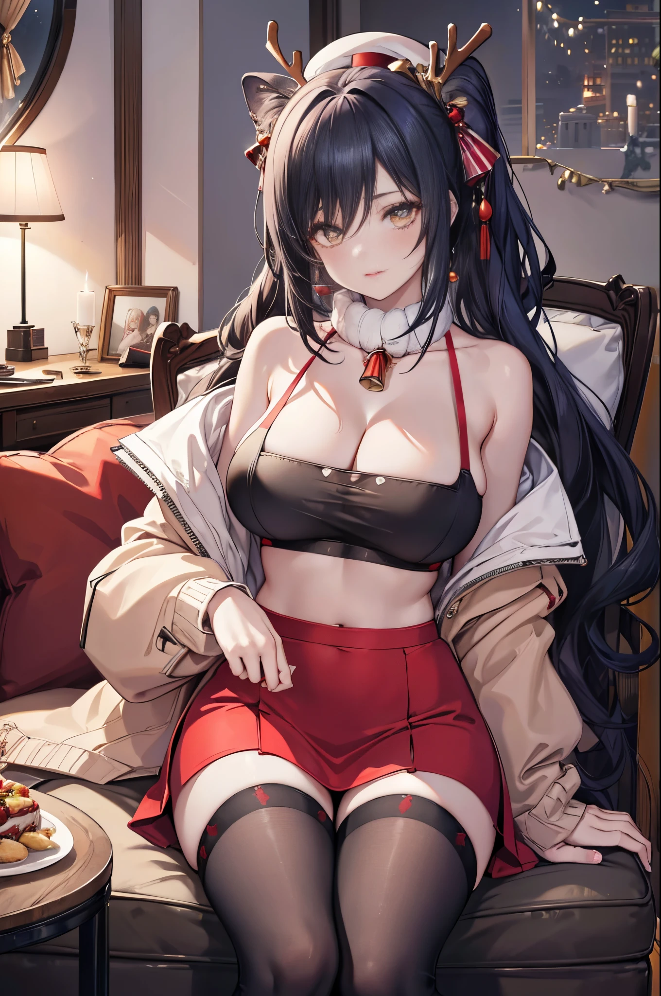 best quality, masterpiece, illustration, realistic, photo-realistic, amazing, finely detail, incredibly absurdres, huge filesize, ultra-detailed, highres, extremely detailed CG unity 8k wallpaper, ray tracing, close-up, upper body, nsfw, A beautiful young Korean woman resembling a popular actress, celebrating Christmas eve alone in a cozy living room filled with Christmas decorations. She has perfectly done makeup with bold red lipstick, smoky eyeshadow, rosy blush and long false eyelashes. Her slim figured is paired with disproportionately large breasts. She is wearing a sexy Mrs. Santa outfit consisting of a short red velvet skirt, a cleavage-baring red crop top with puffy shoulders, matching elbow-length red velvet gloves and hat, black fishnet stockings and red stiletto heels. She is playfully holding a large Christmas present box in front of her chest, resting her ample bosom on top of the box. There is a magical indoor snowfall atmosphere inside the room. The room is illuminated by the lights of the Christmas tree and candles creating a flirtatious Christmas mood.
