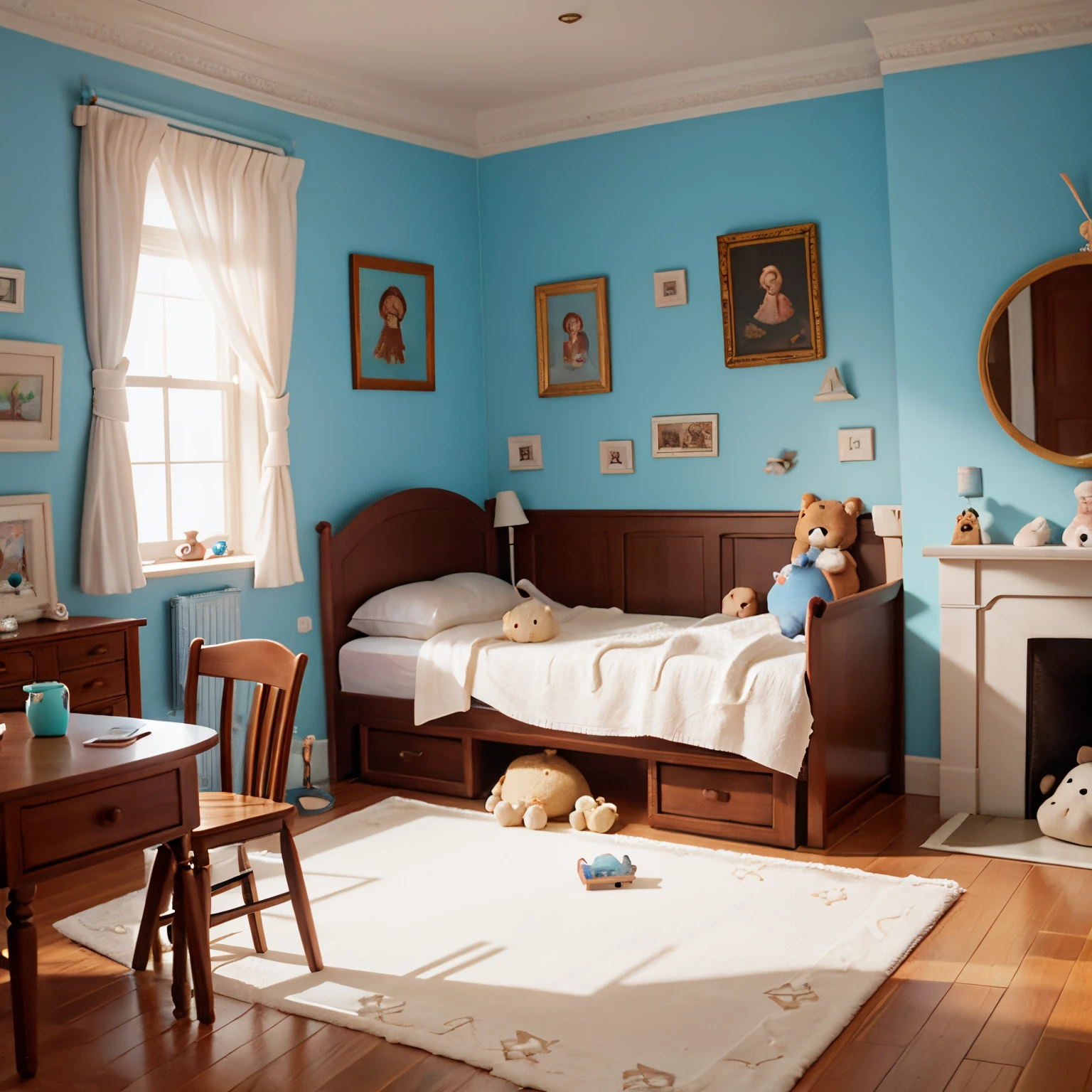 （Pixar style),A model of a cozy small room, miniature figure model, light source from right to left, Rumbrandt lighting, light source from right to left, (isometric view), (top-down), realistic scale, post-processing, ((orthogonal perspective)), super detail, realistic, super realistic, realistic render, rainbow color, glitter
