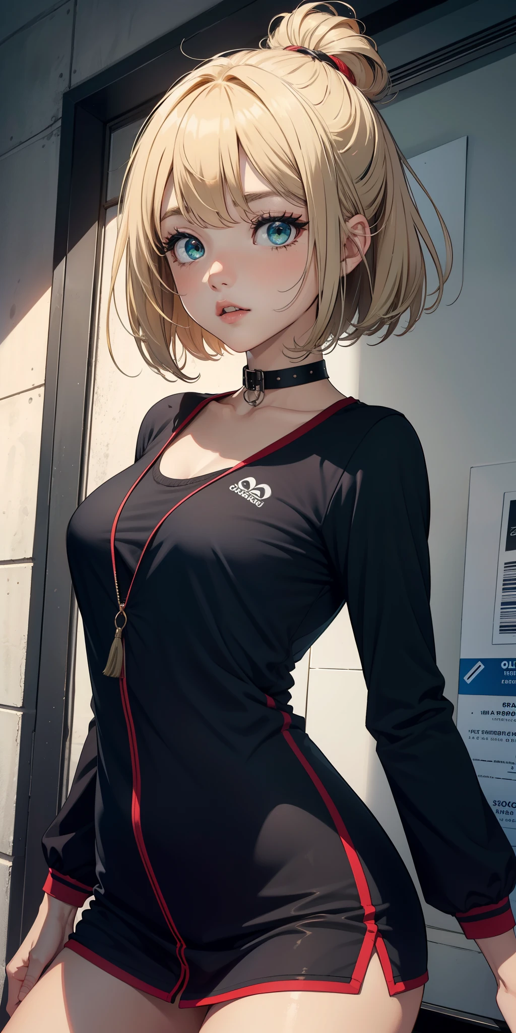 1girl, franja, ombros apertados, Corpo de Loli, Menina de 15 anos, blonde hair, short hair, olhos verdes, seios, clivagem, decote queridinho, boca fechada, Eyebrows visible in the hair, seios pequenos, Olhando para o Viewer, sorrir, tenso , Standing, micro shorts, display frontal mostrando seios, Ultra HD | | |, Imagem 4k, vestido sensual